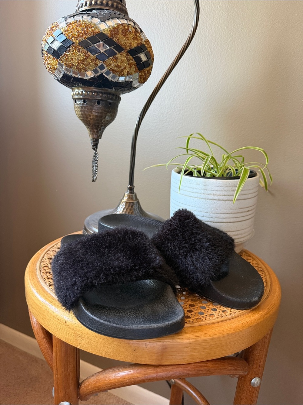 Steve Madden Black Faux Fur Slide Sandals